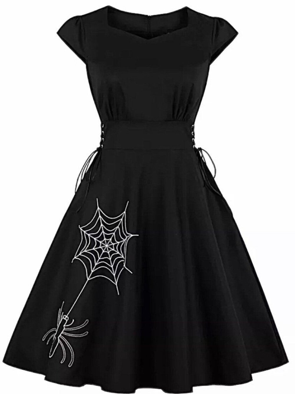 Black Halloween mini dress with embroidered spider and spiderweb